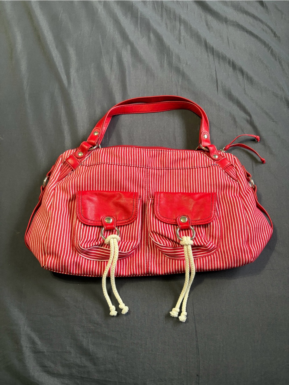 Y2K 2000s style handbag w/Red and white vertical stripes&two cute front pockets